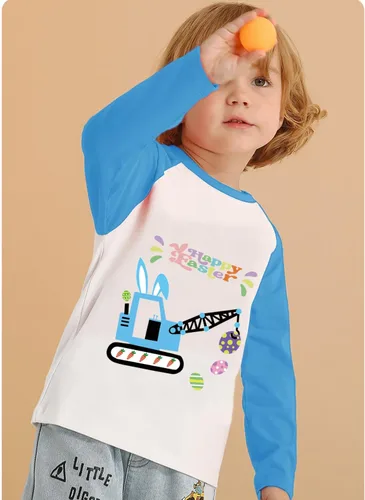 Vista 2 de DDSOL Camisetas del día de Pascua para niños pequeños y niñas, raglán, manga larga, conejo, monstruo, camión, grúa, dino tren, camiseta para niños