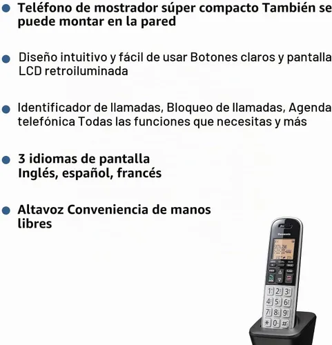 Vista 2 de [Usado] Teléfono inalámbrico compacto Panasonic con DECT 6.0, LCD ámbar de 1.6" y teclado HS iluminado, bloqueo de llamadas, identificador