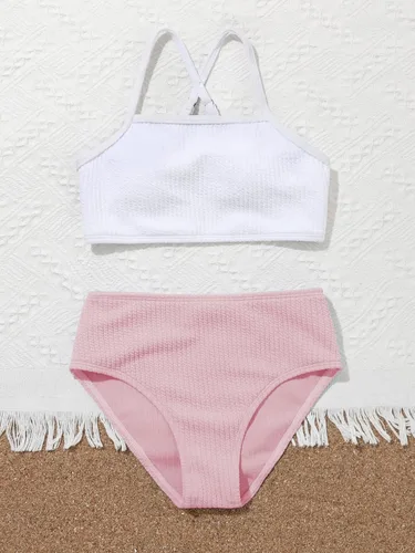 Vista 5 de SHENHE Girl's 2 Piece High Waisted Bikini Sets Criss Cross Spaghetti Strap Swimsuit Bathing Suit