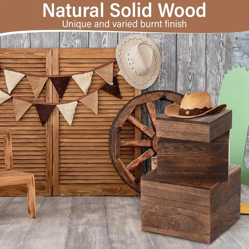 Vista 5 de Barydat 3 soportes de madera para tartas rústicas, apilables, cuadrados, para cupcakes, base para mesa de bufé, postre, comida, cumpleaños, boda