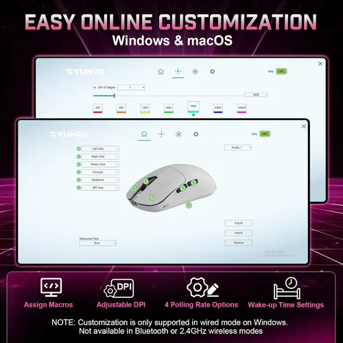 Vista 7 de YUNZII Ratón inalámbrico para juegos M1, mouse para juegos trimodo 2.4G/BT/cable, sensor PAW3311 10000 DPI recargable con 5 botones programables