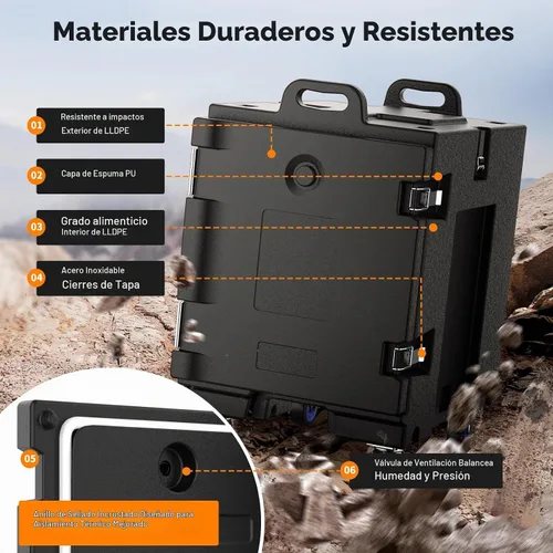 Vista 5 de NEEDONE Calentador de alimentos, contenedor de comida aislada LLDPE de 81 Qt para alimentos calientes/fríos, con hebillas dobles, ruedas