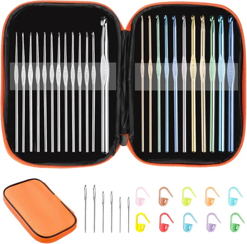 Vista 8 de Tomorotec Art - Juego de ganchos de ganchillo metálicos multicolores, agujas de tejer de aluminio para manualidades de hilo con bolsa