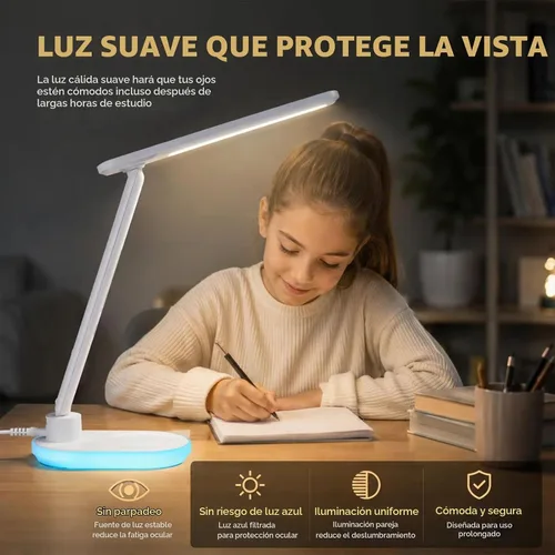Vista 6 de Lámpara de escritorio LED con cargador inalámbrico, reloj, lámpara de mesa
