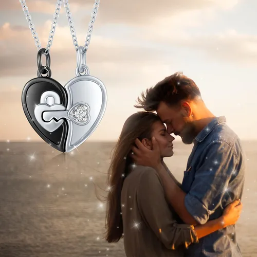 Vista 4 de Collares para pareja para novio y novia, collar de plata de ley con dos almas con la frase "You Hold the Key to My Heart", collar para él y ella