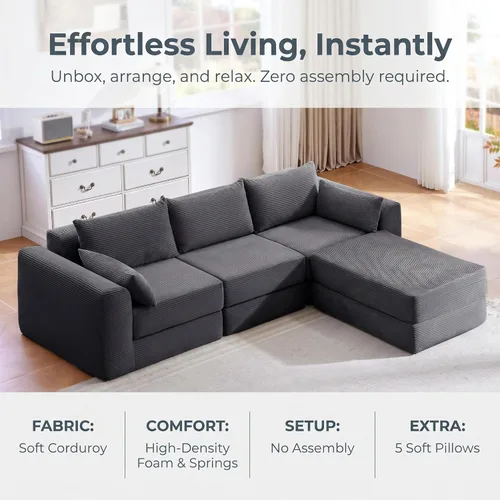 Vista 7 de Juego de sofás modulares deshuesados seccionales de 100 pulgadas para sala de estar, sofá modular tapizado en forma de L movible con 5 almohadas Gris