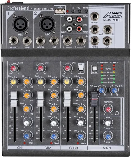 Vista 3 de Audio2000'S AMX7303- Mezclador de audio profesional de cuatro canales con procesador USB y DSP