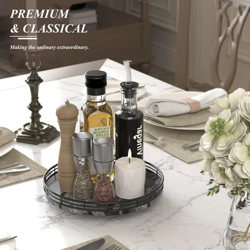 Vista 4 de Marble Lazy Susan - Tocadiscos para mesa, bandeja redonda de mármol de grano de madera antigua de 10 pulgadas para mesa de comedor, encimera de Negro