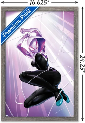 Vista 3 de Marvel Comics Ghost Spider - Póster de pared #1, 22.4 pulgadas de largo x 14.7 pulgadas de ancho, versión enmarcada de madera de granero
