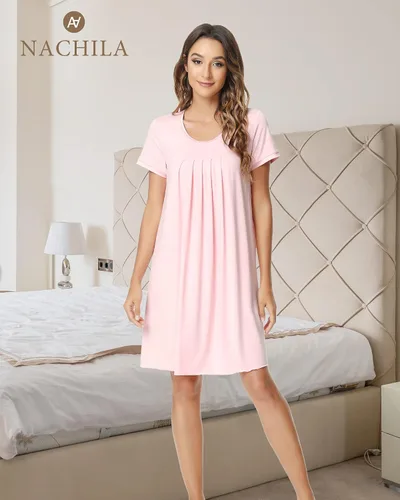 Vista 6 de NACHILA Camisón de bambú para mujer, suave, de manga corta, plisado, cuello redondo, cómodo, para dormir, S-XXG, L