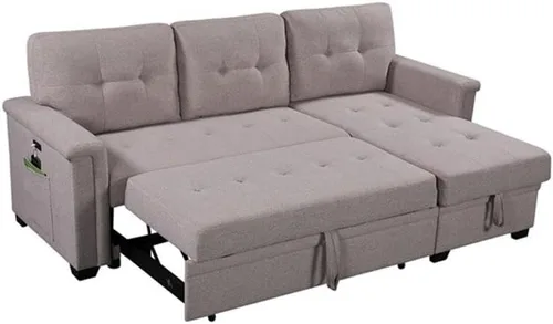 Vista 3 de Lilola Home Nathan - Sofá modular reversible de lino gris claro de 84 pulgadas con diván de almacenamiento y puertos de carga USB, sofá esquinero