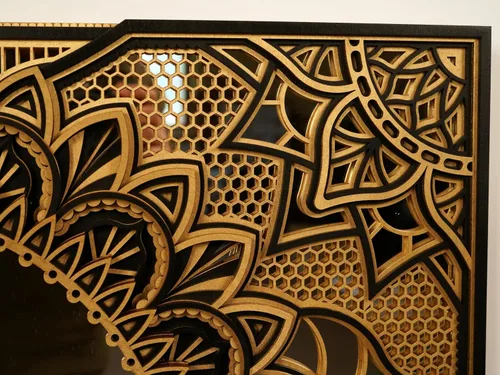 Vista 5 de BHDecor Espejo para decoración de pared para el hogar, marco tallado con corte láser, elegante mandala de madera para colgar, paneles de MDF
