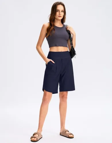 Vista 6 de Viodia Pantalones cortos de natación para mujer de 9 pulgadas de largo con bolsillos, cintura alta, trajes de baño de playa, hasta la rodilla