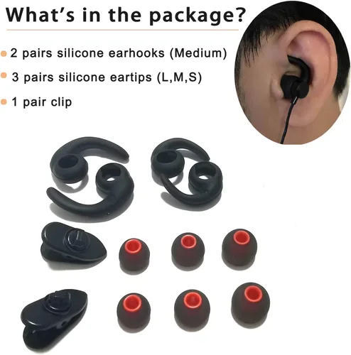 Vista 5 de Aletas universales para los oídos, puntas de repuesto para auriculares, puntas de silicona, 3 pares cada uno, 2 clips de cable