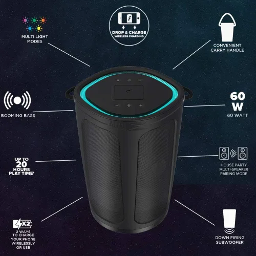 Vista 10 de Altec Lansing Soundbucket XL - Altavoz Bluetooth impermeable con luces LED personalizables, carga inalámbrica Qi, 20 horas de reproducción y rango