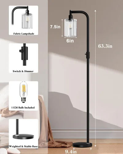 Vista 3 de Lightdot Lámpara de pie de vidrio de 63 pulgadas para sala de estar, lámparas altas modernas de pie regulables con pantalla de vidrio transparente