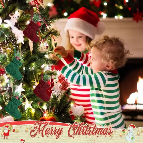 Vista 3 de Jerify 24 mini medias de Navidad de 3.94 pulgadas, calcetines de punto pequeños de Navidad, calcetines colgantes de Navidad, adornos rústicos