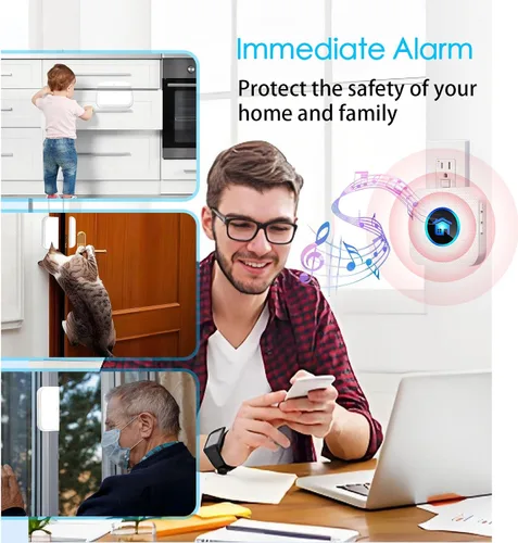 Vista 4 de Timbre de puerta inalámbrico, timbre inalámbrico para tienda con indicadores LED, impermeable, alarmas de puerta cuando se abre con rango de 986