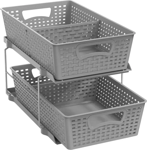 Vista 10 de Simple Houseware Bandeja organizadora de baño de 2 niveles, cajón deslizante extraíble, almacenamiento debajo del fregadero, color negro