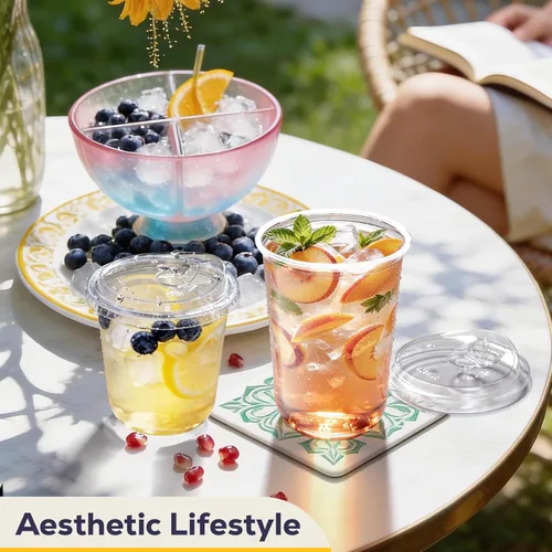 Vista 9 de Fit Meal Prep Paquete de 100 vasos de plástico transparente de fondo redondo de 12 onzas con tapas sin popote, tazas de café helado desechables