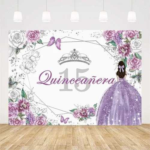 Vista 2 de SENDY Telón de fondo de quinceañera de 10 x 7 pies para decoración de fiesta de cumpleaños de 15 años para niña dulce Mis membrillo púrpura plata