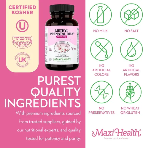 Vista 7 de Maxi Health - Vitaminas prenatales metil prenatales DHA para mujeres, formuladas por médicos, kosher, multivitamínico prenatal sin gluten con 25