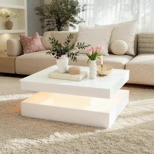Vista 11 de FKWin Mesas de centro negras para sala de estar, mesa de centro LED con luces, moderna mesa de centro negra con superficie de alto brillo, mesa
