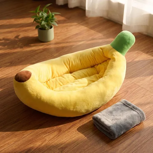 Vista 2 de Cama para mascotas en forma de fruta, linda cama acogedora para gatos en forma de plátano, tamaño a 4