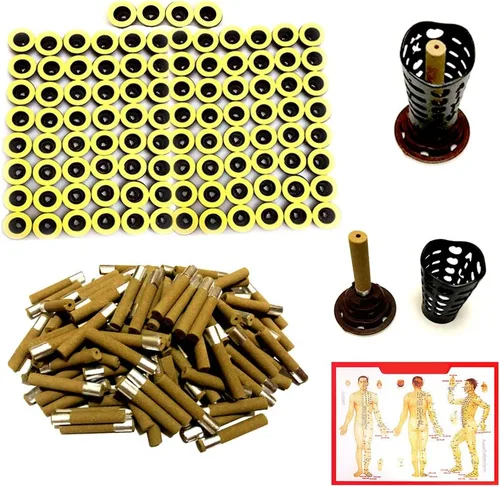 Vista 7 de 210 palos de moxibustión y 200 bases autoadhesivas, 5 años Moxa Cone Moxi Stick para AiJiu tradicional chino, 6 cubiertas protectoras y 2 mapas