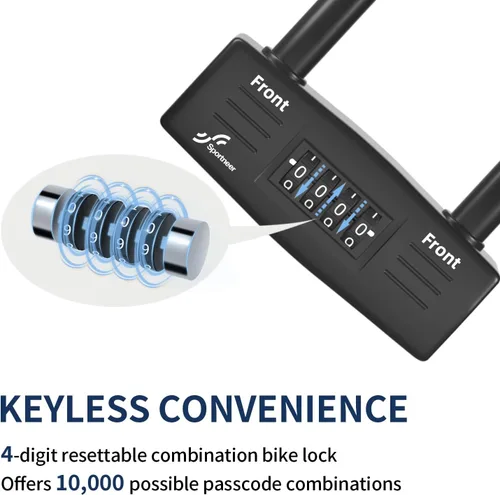 Vista 3 de Sportneer Cerradura de bicicleta: Cerradura en U de combinación sin llave de 0.551 in con cable de acero de seguridad de 5 pies - Cerraduras en U