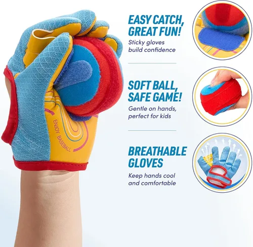 Vista 2 de JoyCat Juego de pelota para lanzar y atrapar con 2 guantes ajustables, 2 bolas adhesivas suaves y bolsa de transporte, juego de guantes de béisbol