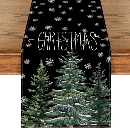 Vista 10 de Artoid Mode - Camino de mesa beige con diseño de árbol de pino y copos de nieve, «Feliz Navidad», decoración de mesa de comedor para fiestas