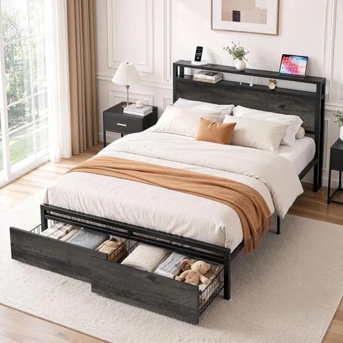 Vista 8 de LIKIMIO Base de cama Queen con cabecero, 2 cajones y estación de carga Gris carbón