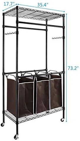 Vista 2 de HopeHope Perchero para colgar ropa, perchero plegable con ruedas, altura ajustable. Clasificador de ropa de 3 bolsas
