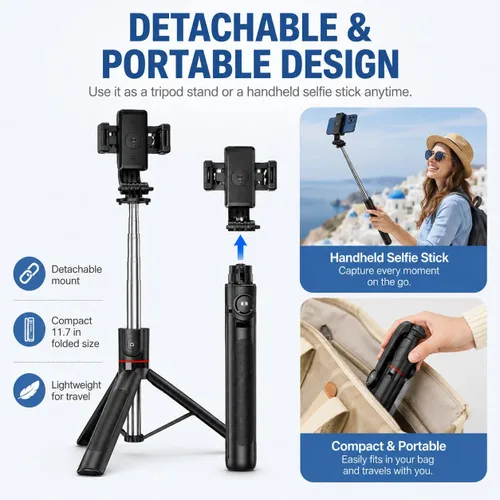 Vista 7 de Trípode desmontable para teléfono de 67 pulgadas, palo para selfie, portátil, extensible, cámara estable, fácil de selfie, con control remoto