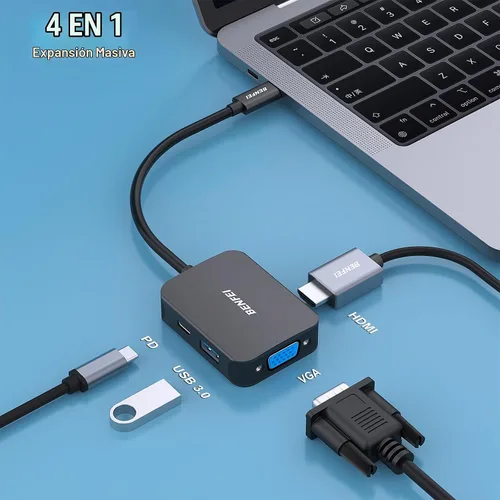 Vista 2 de BENFEI USB C HUB 4 en 1, adaptador USB tipo C a HDMI VGA, adaptador USB C a USB, entrega de energía USB tipo C, compatible con iPhone 15 Pro/Max