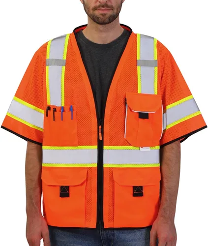 Vista 11 de Dib Safety Chaleco reflectante de malla negra, chaleco de alta visibilidad con bolsillos y cremallera, resistente, fabricado con cinta reflectante