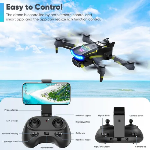 Vista 9 de Dron con cámara, Dual 720HD, Drone para niños con luces frías, control de gestos, disparo vertical, vuelo de punto de referencia, control