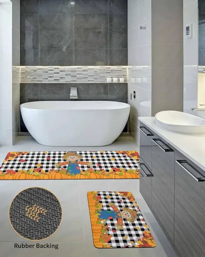Vista 5 de Tapete de baño antideslizante para bañera, tapete de baño de espantapájaros, calabaza, hojas, alfombra de pasillo de baño, alfombra de pasillo