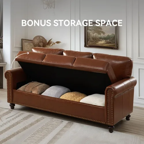Vista 4 de Sofá de 80" de cuero sintético con almacenamiento, sofás de brazos enrollados de estilo moderno de mediados de siglo para muebles de sala de estar