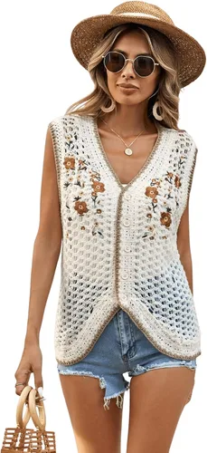 Vista 6 de Verdusa Cárdigan de punto sin mangas con cuello en V y bordado floral para mujer