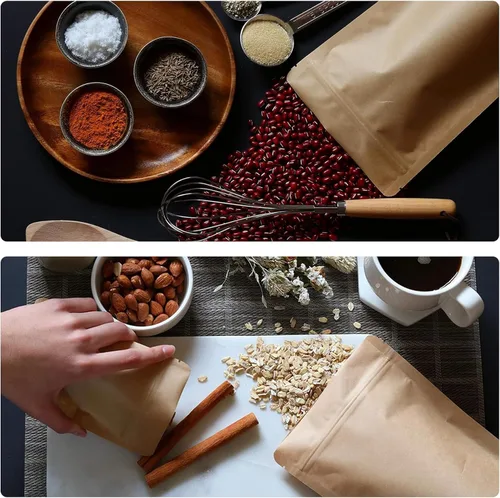 Vista 7 de Muka 50 bolsas de papel kraft para almacenamiento de alimentos, con forro de aluminio, reutilizables, con cierre de cremallera, bolsas de pie, 3.5 x