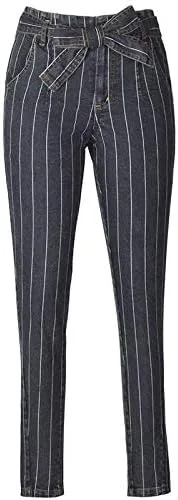Vista 4 de Kabxryaclo - Pantalones vaqueros ajustados para mujer, con cinturón, rayas verticales, cintura baja, bolsillos vaqueros