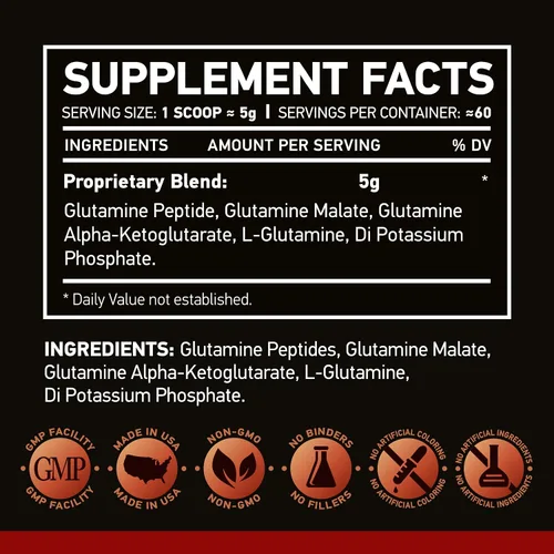 Vista 6 de Matriz de glutamina 10.58 oz Natural Sin OGM Sin gluten 60 porciones