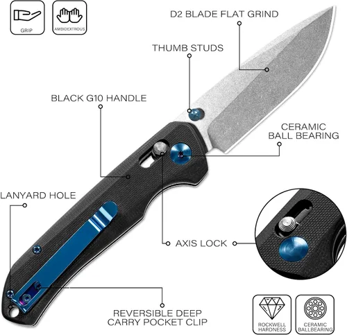Vista 6 de Dispatch Axis Lock - Cuchillo de bolsillo plegable con clip, hoja de punta de gota de acero D2 de 3.46 pulgadas y mango G10, cuchillos de bloqueo