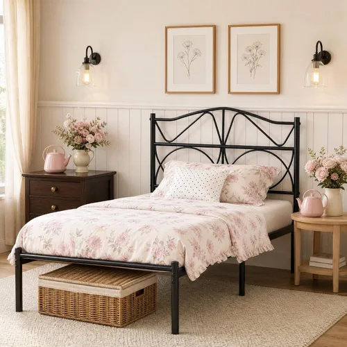 Vista 4 de VECELO Base de cama de plataforma de metal tamaño individual con cabecera y estribo, base de colchón de soporte de listones resistentes, no necesita