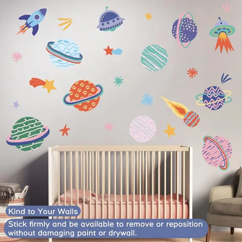 Vista 6 de Calcomanías de pared espaciales multicolor – Calcomanías de vinilo de cohete espacial planetas y estrellas – Sistema Solar extraíble Galaxy Star