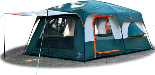 Vista 18 de KTT Extra Large Tent 12-14 Person,Family Cabin Tents,2 Bay-Windows,2 Rooms and 3 Doors 3 Windows with Mesh,Waterproof,Straight Wall,Double Layer,Big