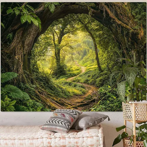 Vista 3 de Kanuyee Tapiz de bosque verde, tapiz de paisaje para pared, tapices de naturaleza para techo y pared, colgante para dormitorio, sala de estar