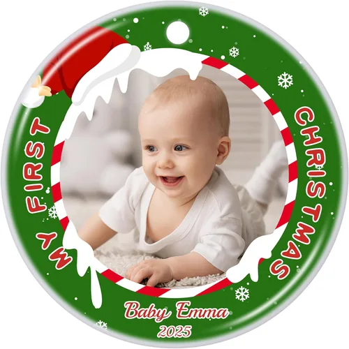 Vista 11 de Adornos de Navidad Personalizados 2025 de Cerámica con Imagen y Texto Personalizados, Ornamento Colgante, Decoraciones Personalizadas para Árbol